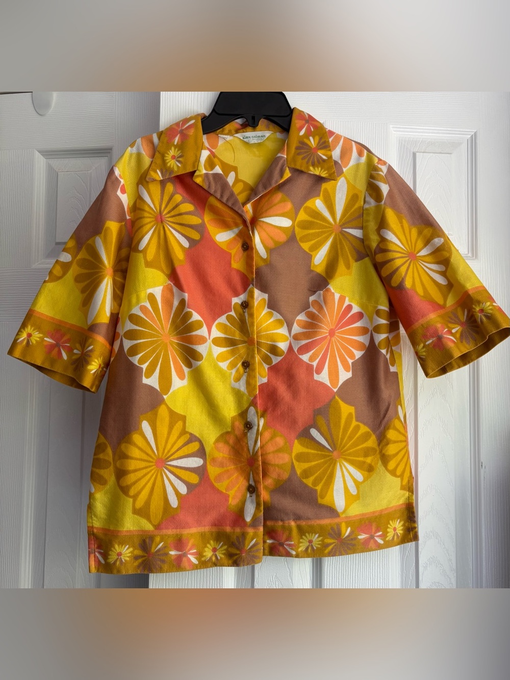 ALEX COLMAN Vintage 60s/70s Women's Psychedelic Print Blouse Shirt Orange S/M